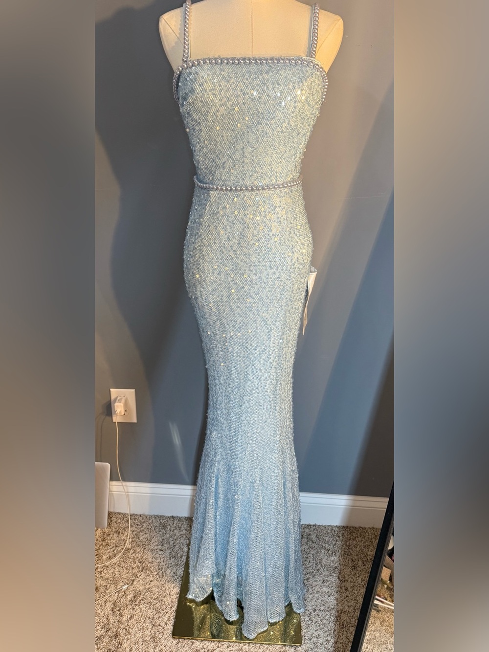 NWT Dress the Population Pale Blue Arielle Sequin Maxi Gown - XS
